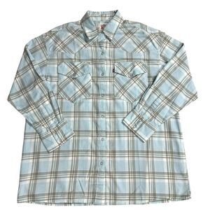 Levi's Soft Flannel Shirt Mens Med Light Blue Plaid Pearl Snap Western Button Up